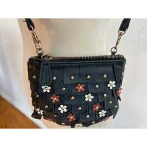 Black Floral Studded Woven Crossbody Bag Small Cute Purse